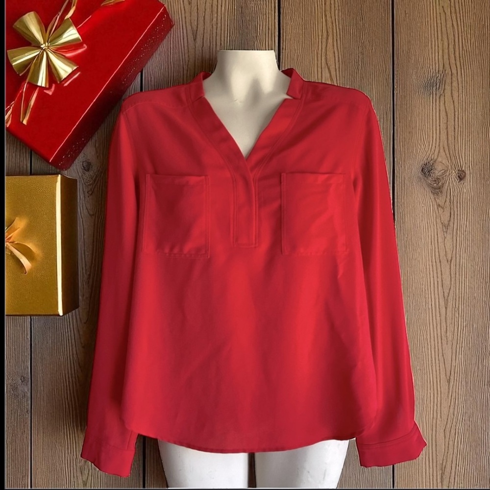 Nine West Red Long Sleeve Mandarin Collar Blouse
